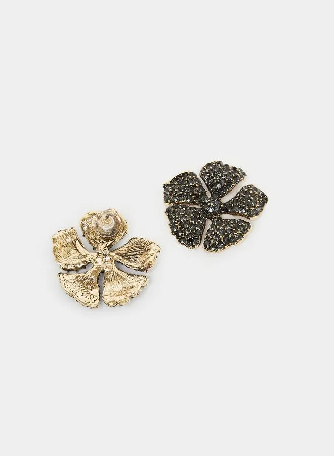 Styli Black Diamante Flower Stud Earrings